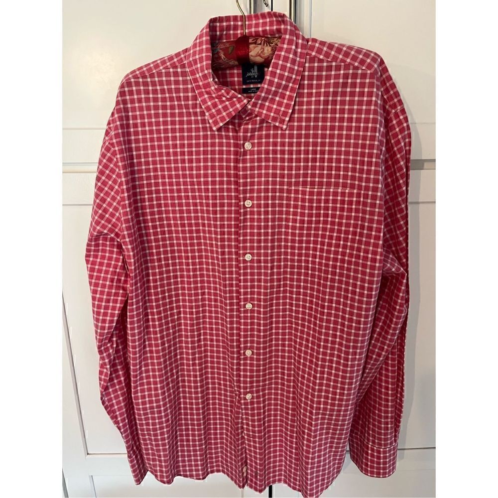 Johnnie -O Men’s Button Down Plaid Long Sleeve Shirt Sz Large Pink Sangria Pocke